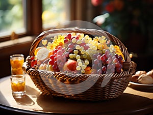 leaves and fruits in a beautifully composed basket.