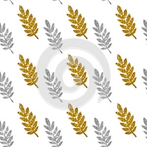 Leaves of golden and silver glitter on white background, seamless pattern