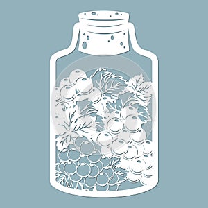 Leaves and grape in a glass jar. Laser cut. Vector illustration. Pattern for the laser cut, serigraphy, plotter and screen