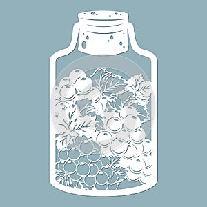 Leaves and grape in a glass jar. Laser cut. Vector illustration. Pattern for the laser cut, serigraphy, plotter and screen photo