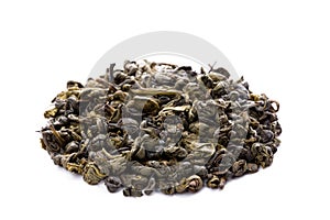 Leaves of green chinese gunpowder tea isolated on white background.