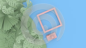 The leaves and green palm overlap to form art dimensions, there is a camera and a pink picture frame on the side, Concept art, Iso