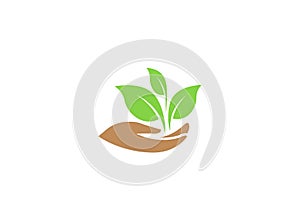 Leaves in hand for plant care for logo