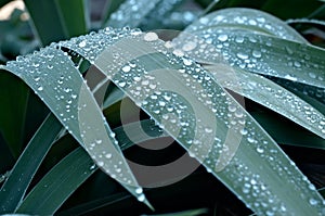 The leaves of Iris are covered by morning dew in a garden