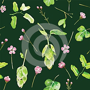 Leaves and little pink flower seamless pattern wallpaper, greenery on dark green background. watercolor style