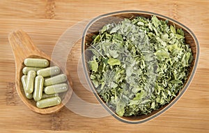 Leaves and moringa capsules Moringa oleifera