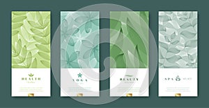 Leaves and nature banner set. Beauty and health minimal design. Voucher template with logo - health, yoga, beauty, spa.