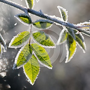 Leaves with rime, photographed after a frosty night.