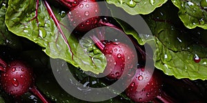 Leaves and ripe beets with water drops close-up, top view. Photo for poster. Generative AI