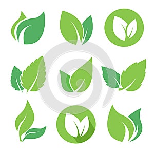 Green leaves logo set for eco organic bio natural products, pharmacy, medicine