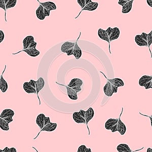 Leaves with stripes veins. Vector seamless pink pattern botanical illustration.