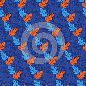 Leaves stylized seamless pattern blue background. Oak leaf floating on the surface of water.