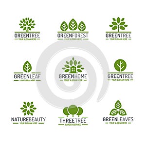 Leaves and tree logo set green color flat style for ecology comp