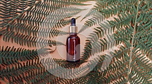 Leaves of a tropical tree on a nude background wrap cosmetics, face oil, and natural products for the skin. Bottle with a pipette