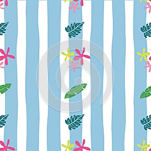 Leaves vector seamless pattern on blue white stripes