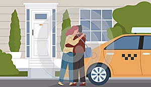 Leaving out home. Husband says goodbye to wife on house threshold, taxi and customer, farewell hugs, sad parting, flat