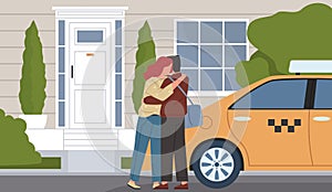 Leaving out home. Husband says goodbye to wife on house threshold, taxi and customer, farewell hugs, sad parting, flat couple,