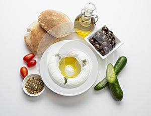 Lebanese food of Labneh Yogurt cheese with Olives and veggies