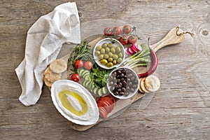 Lebanese food of Labneh Yogurt cheese, vegetables and olives