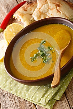 Lebanese Lentil Soup Shorbat Adas closeup in the bowl. Vertical photo