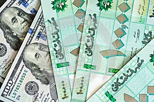 Lebanese pounds and US dollars bills, currency