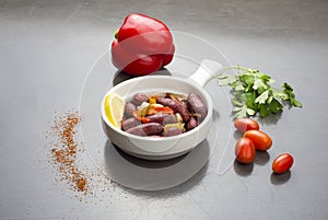 Lebanese starters of Sujok meat marinated, sausages fried in a frying pan