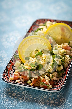 Lebanese tabbouleh salad with bulgur, parsley, tomato and cucmber