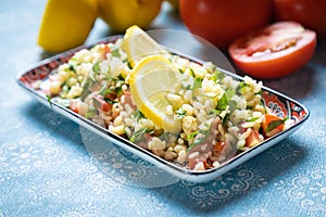 Lebanese tabbouleh salad with bulgur, parsley, tomato and cucmber