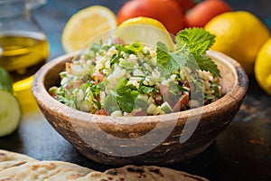 Lebanese tabbouleh salad with bulgur, parsley, tomato and cucmber