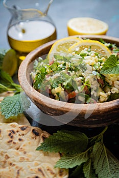 Lebanese tabbouleh salad with bulgur, parsley, tomato and cucmber