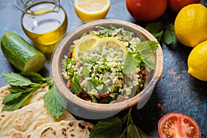 Lebanese tabbouleh salad with bulgur, parsley, tomato and cucmber