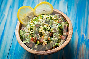 Lebanese tabbouleh salad with bulgur, parsley, tomato and cucmber