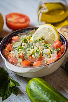 Lebanese tabbouleh salad with bulgur, parsley, tomato and cucmber