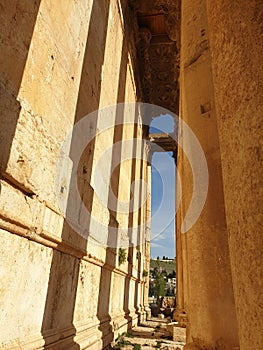 Lebanon Baalbek temple of bacchus complete Ruine outside sunny day