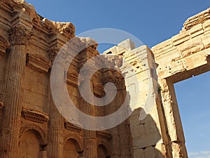 Lebanon Baalbek temple of bacchus complete Ruine outside sunny day