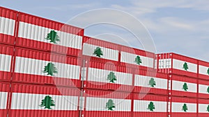 Lebanon flag containers are located at the container terminal. Concept for Lebanon import and export 3D