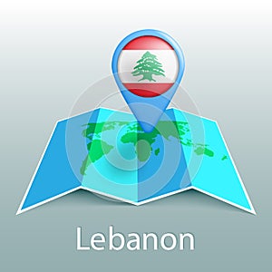 Lebanon flag world map in pin with name of country