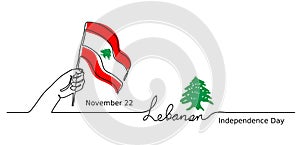 Lebanon, Lebanese Independence Day vector background. One line drawing concept with hand, flag, cedar tree photo
