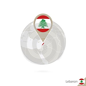 Lebanon map and flag in circle. Map of Lebanon, Lebanon flag pin. Map of Lebanon in the style of the globe