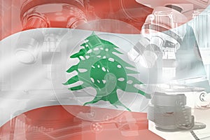 Lebanon science development conceptual background - microscope on flag. Research in nanotechnology or clinical medicine, 3D