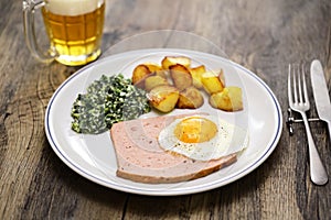 LeberkÃ¤se with spinach, potatoes and fried egg, Austria and southern German dish photo