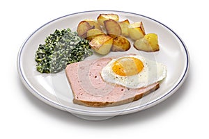 LeberkÃ¤se with spinach, potatoes and fried egg, Austria and southern German dish photo