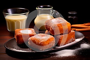 Leche Frita - Fried milk dessert, coated in breadcrumbs and served with cinnamon and sugar photo