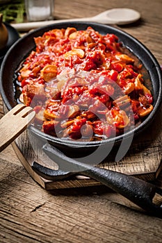 Lecho - stew with peppers, onions and sausages.