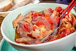 Lecho - stew with peppers, onions and sausages