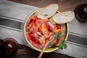 Lecho - stew with peppers, onions and sausages.