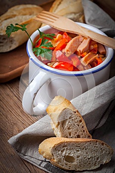 Lecho - stew with peppers, onions and sausages.