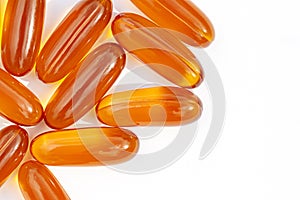 Lecithin supplement capsules close up. Medical pills macro