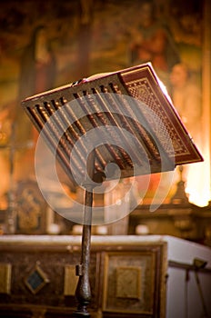 Lectern in altar with a holy bible.