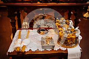 Lectern.high table with a sloping top for liturgical books in an Orthodox Church